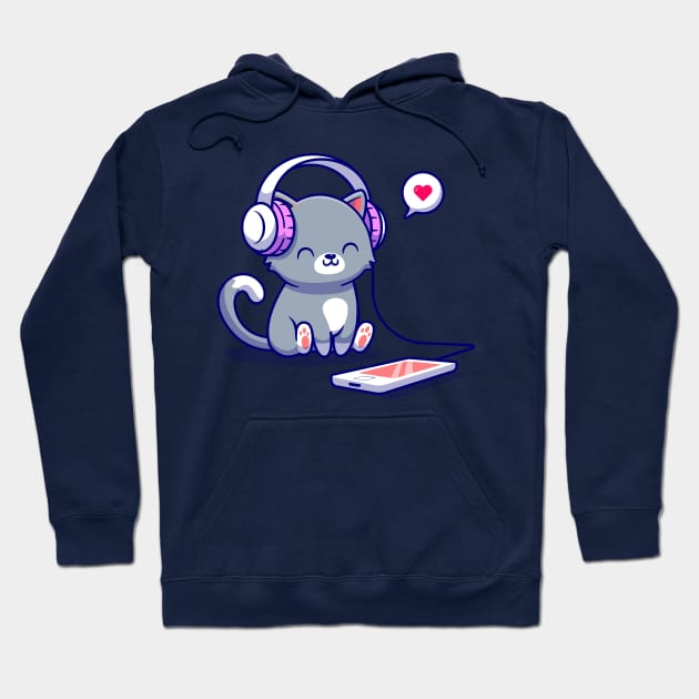 Cute Cat Listening Music With Headphone Cartoon Hoodie by Catalyst Labs